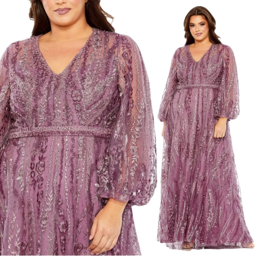 Mac Duggal‎ 20472 Size 14W 14 Purple Mauve Floral Embroidered Gown Maxi Dress